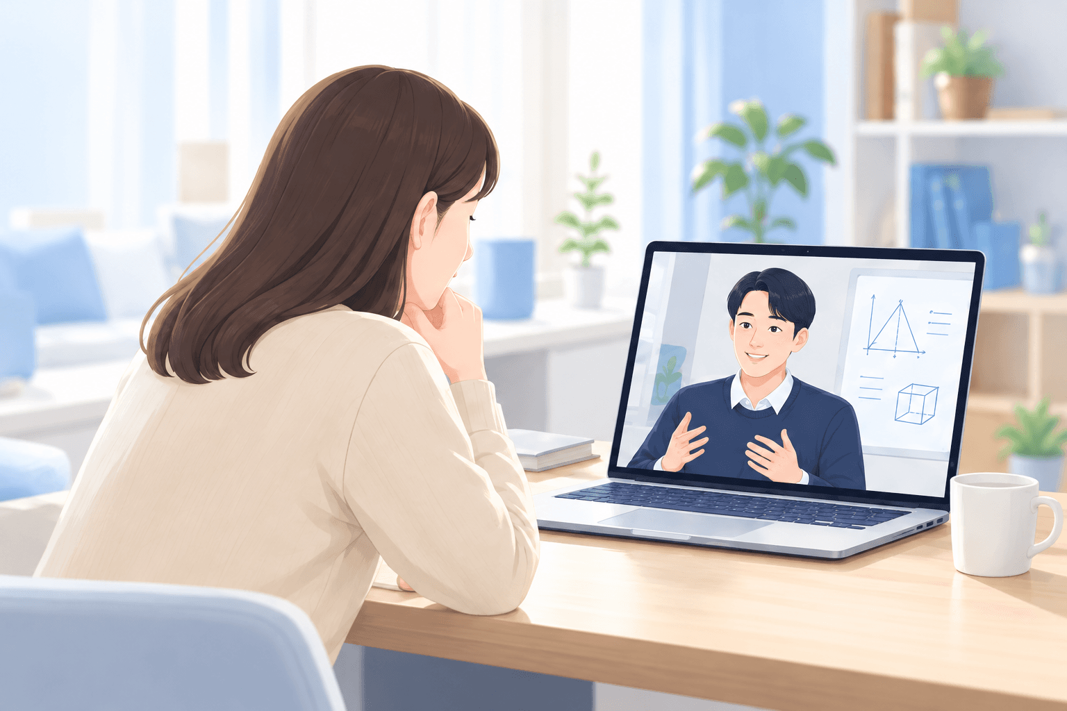 학부모가 화상으로 학습 상담을 하는 모습의 일러스트